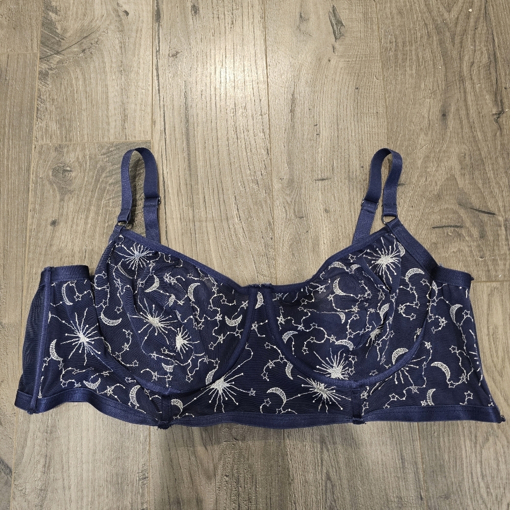 Navy Embroidered Underwire Bra with Celestial Motif